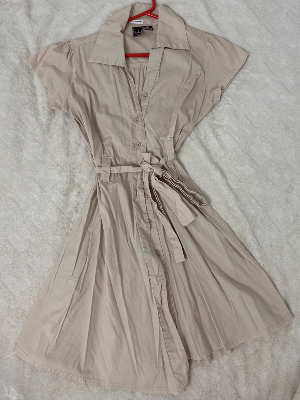 Chesley Beige Button-Front Midi Shirt Dress with Tie Waist